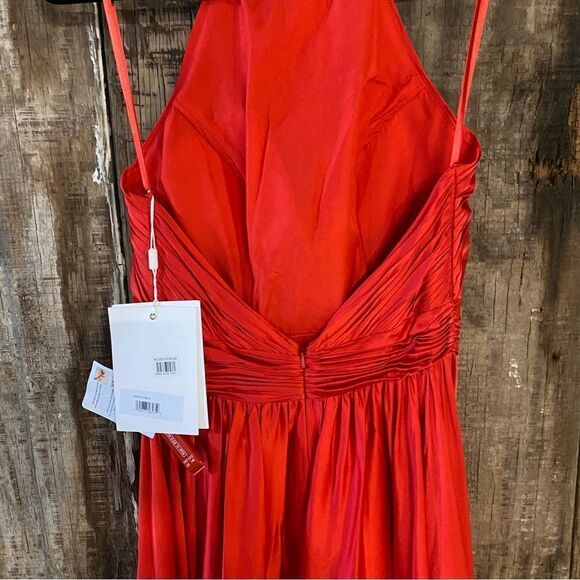 NWT Mac Duggal Red Soft Tie Halter Neck High Slit Gown dress rosette chiffon 0 - Picture 10 of 12
